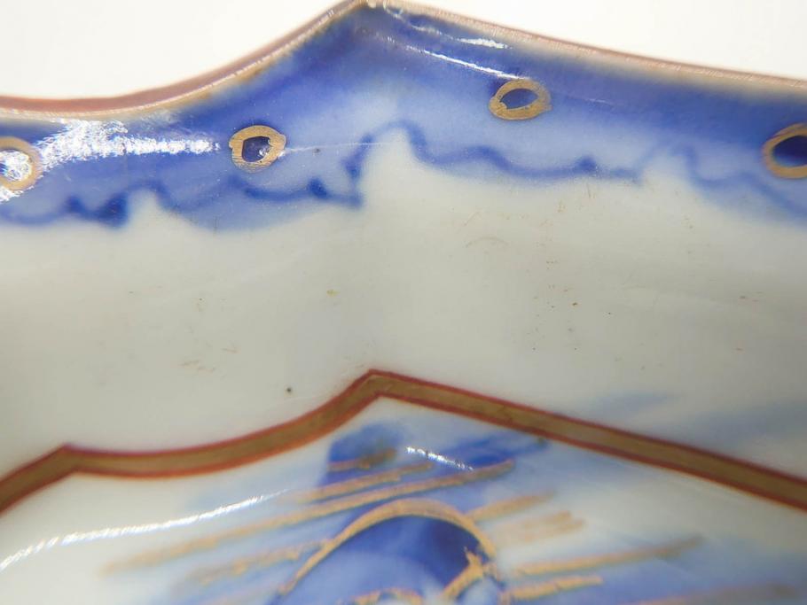 明治〜大正期　伊万里　染付　山水船図　約18cm　5.9寸　鮮やかな青に金と赤色が映える変形皿6枚セット(菱形、八角、金彩、五寸九分、和食器、和皿)(R-077409)