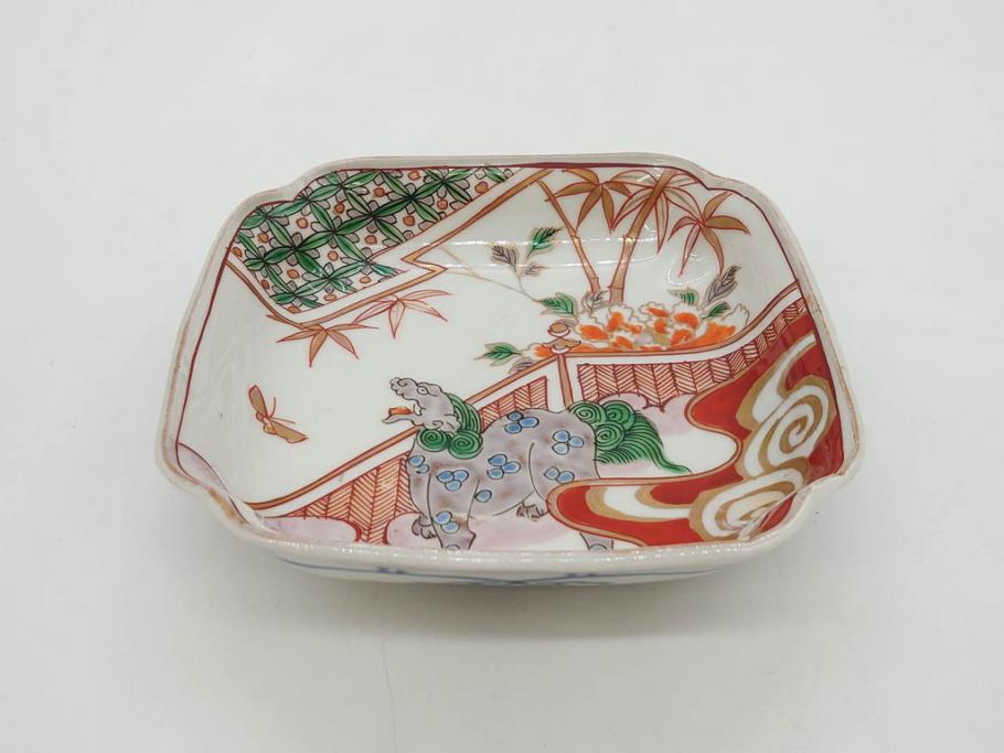 江戸期　古伊万里　色絵　獅子・竹花蝶図　約14cm　4.6寸　華やかな図柄が魅力的な変形皿5枚セット(小皿、四寸六分、和食器、和皿)(R-077411)