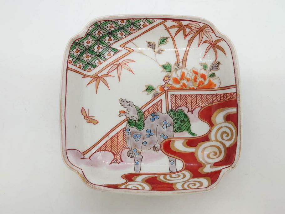 江戸期　古伊万里　色絵　獅子・竹花蝶図　約14cm　4.6寸　華やかな図柄が魅力的な変形皿5枚セット(小皿、四寸六分、和食器、和皿)(R-077411)