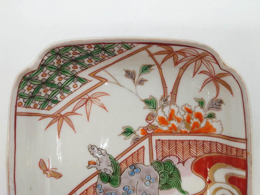 江戸期　古伊万里　色絵　獅子・竹花蝶図　約14cm　4.6寸　華やかな図柄が魅力的な変形皿5枚セット(小皿、四寸六分、和食器、和皿)(R-077411)