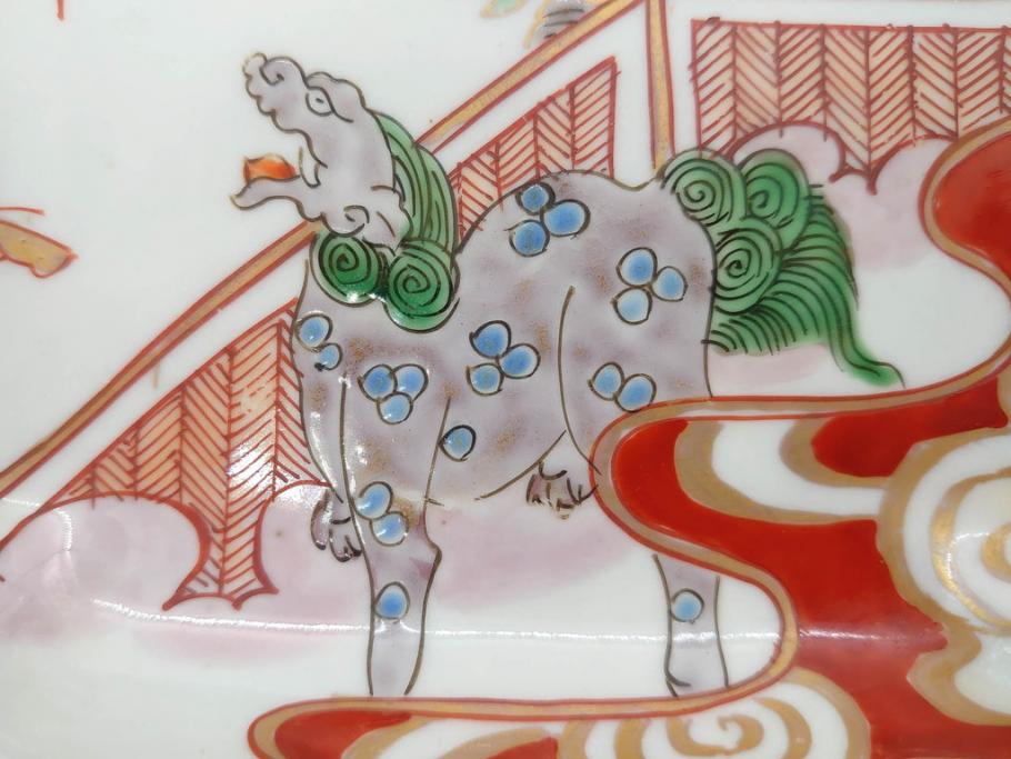 江戸期　古伊万里　色絵　獅子・竹花蝶図　約14cm　4.6寸　華やかな図柄が魅力的な変形皿5枚セット(小皿、四寸六分、和食器、和皿)(R-077411)