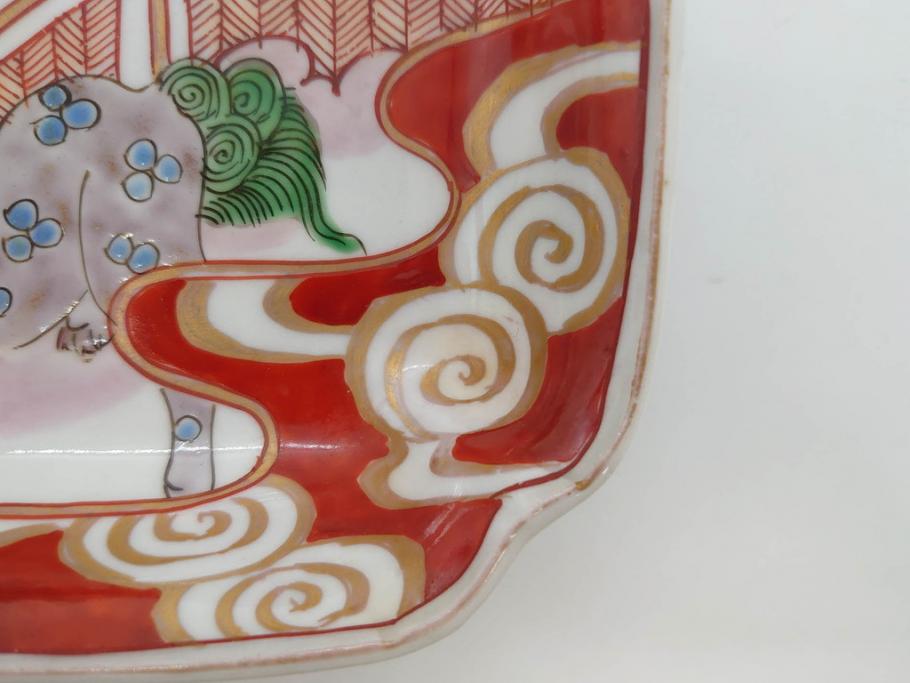 江戸期　古伊万里　色絵　獅子・竹花蝶図　約14cm　4.6寸　華やかな図柄が魅力的な変形皿5枚セット(小皿、四寸六分、和食器、和皿)(R-077411)