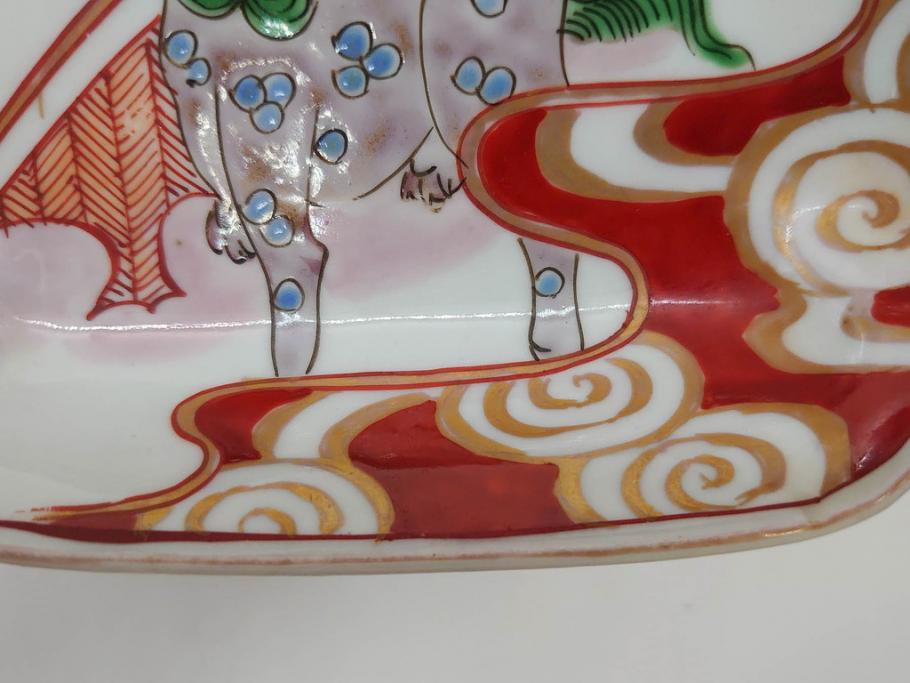江戸期　古伊万里　色絵　獅子・竹花蝶図　約14cm　4.6寸　華やかな図柄が魅力的な変形皿5枚セット(小皿、四寸六分、和食器、和皿)(R-077411)