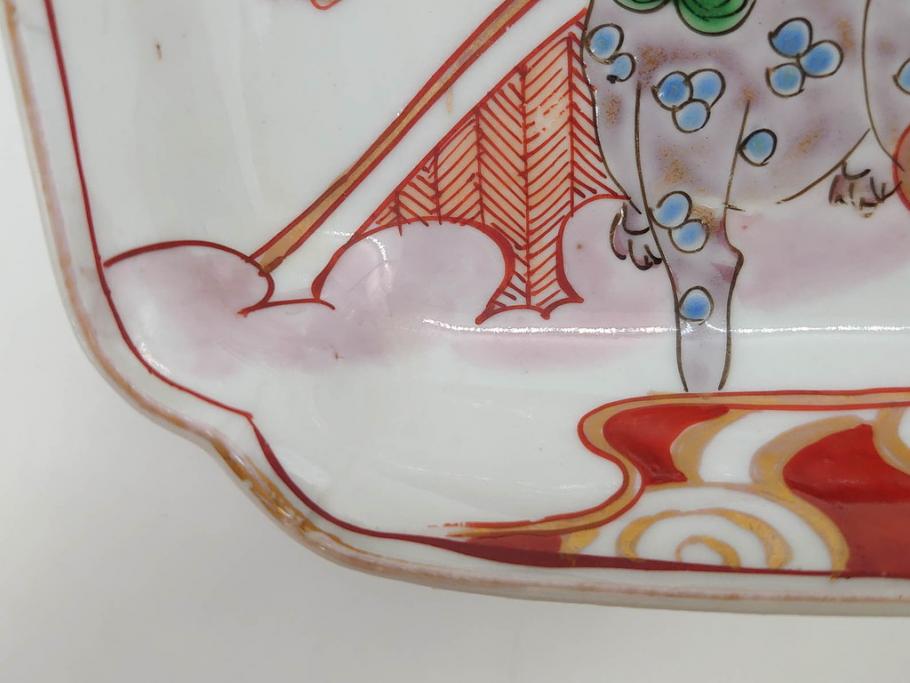 江戸期　古伊万里　色絵　獅子・竹花蝶図　約14cm　4.6寸　華やかな図柄が魅力的な変形皿5枚セット(小皿、四寸六分、和食器、和皿)(R-077411)