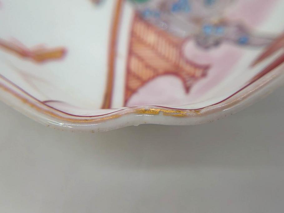 江戸期　古伊万里　色絵　獅子・竹花蝶図　約14cm　4.6寸　華やかな図柄が魅力的な変形皿5枚セット(小皿、四寸六分、和食器、和皿)(R-077411)