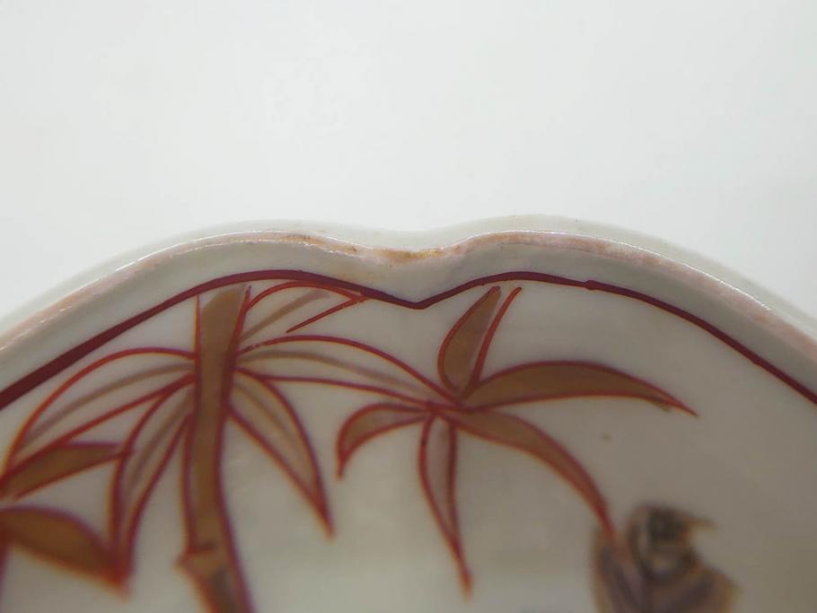 江戸期　古伊万里　色絵　獅子・竹花蝶図　約14cm　4.6寸　華やかな図柄が魅力的な変形皿5枚セット(小皿、四寸六分、和食器、和皿)(R-077411)
