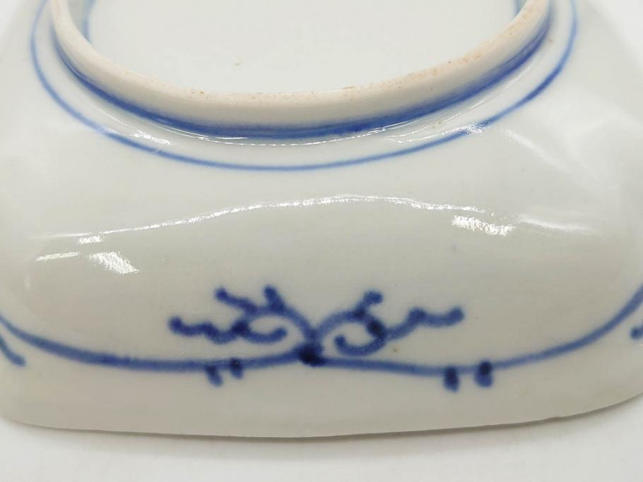 江戸期　古伊万里　色絵　獅子・竹花蝶図　約14cm　4.6寸　華やかな図柄が魅力的な変形皿5枚セット(小皿、四寸六分、和食器、和皿)(R-077411)