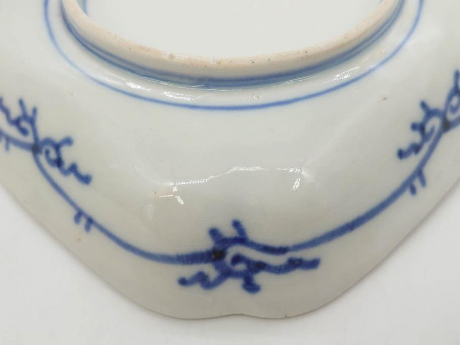 江戸期　古伊万里　色絵　獅子・竹花蝶図　約14cm　4.6寸　華やかな図柄が魅力的な変形皿5枚セット(小皿、四寸六分、和食器、和皿)(R-077411)