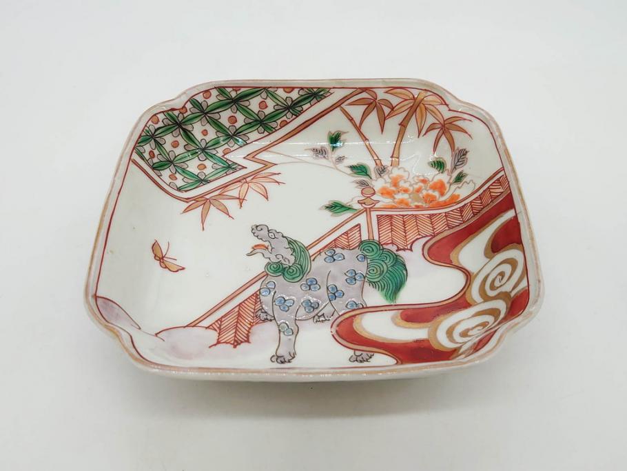 江戸期　古伊万里　色絵　獅子・竹花蝶図　約14cm　4.6寸　華やかな図柄が魅力的な変形皿5枚セット(小皿、四寸六分、和食器、和皿)(R-077411)