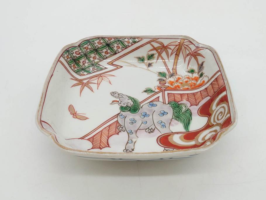 江戸期　古伊万里　色絵　獅子・竹花蝶図　約14cm　4.6寸　華やかな図柄が魅力的な変形皿5枚セット(小皿、四寸六分、和食器、和皿)(R-077411)