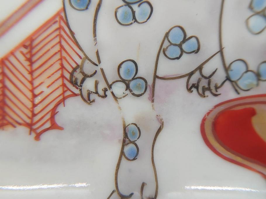 江戸期　古伊万里　色絵　獅子・竹花蝶図　約14cm　4.6寸　華やかな図柄が魅力的な変形皿5枚セット(小皿、四寸六分、和食器、和皿)(R-077411)