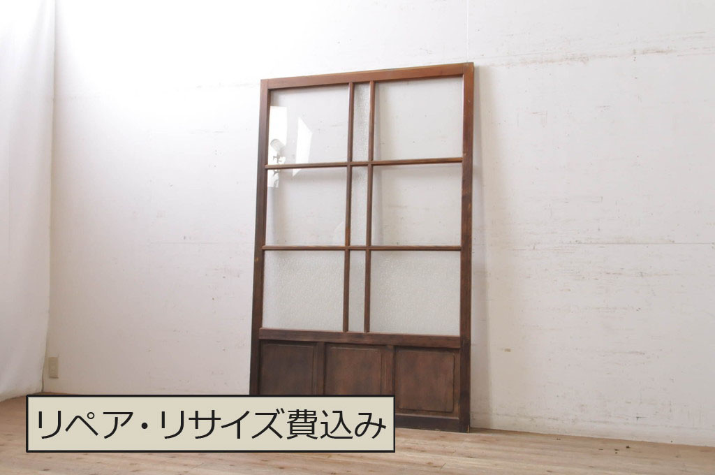 アンティーク建具　大正ロマン　腰抜欅(ケヤキ)材　ノスタルジックな雰囲気漂う幅広ガラス戸1枚(引き戸)(R-068314)