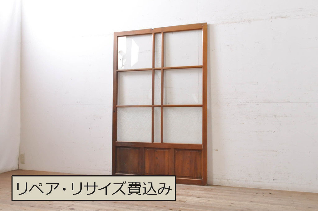 アンティーク建具　大正ロマン　腰抜欅(ケヤキ)材　ノスタルジックな雰囲気漂う幅広ガラス戸1枚(引き戸)(R-068315)