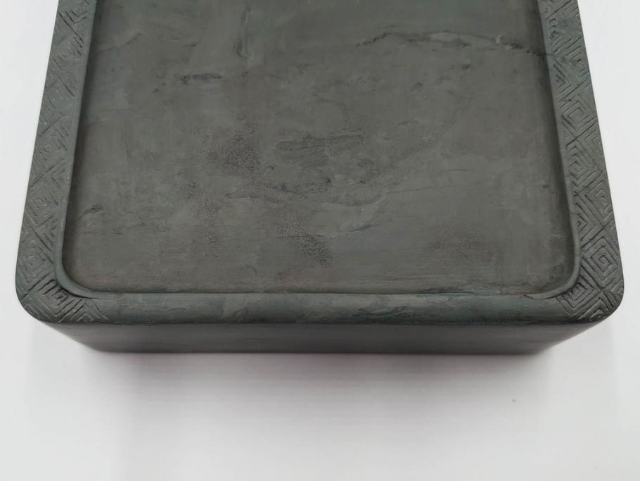 中国　鹿原林信　漢詩　石紋　臥牛硯　象彫　縁石硯(書道具、彫刻、習字、外箱付)(R-084616)