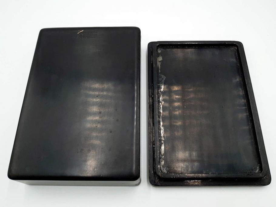 中国　鹿原林信　漢詩　石紋　臥牛硯　象彫　縁石硯(書道具、彫刻、習字、外箱付)(R-084616)