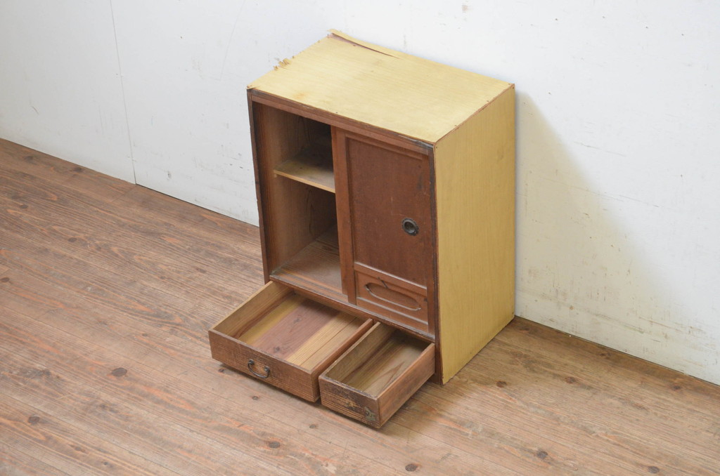 和製アンティーク　古い木味の小さな戸棚(サイドボード、収納棚、食器棚、サイドキャビネット、本箱、ブックケース)(R-069452)