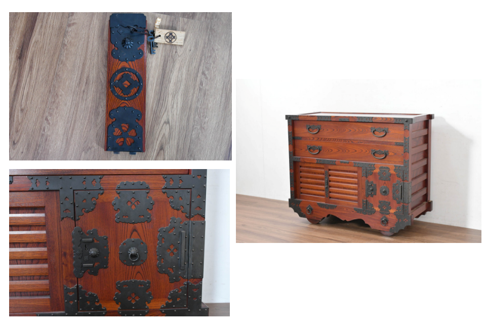 中古　美品　高級工芸家具　閂(かんぬき)付き　職人手作り!!重厚な手打ち金具に欅(ケヤキ)の風合いと漆の艶調和が目を惹く三国デザインの車箪笥(和タンス、収納箪笥、整理箪笥、戸棚、キャビネット)(製作費推定250万円)(R-084337)