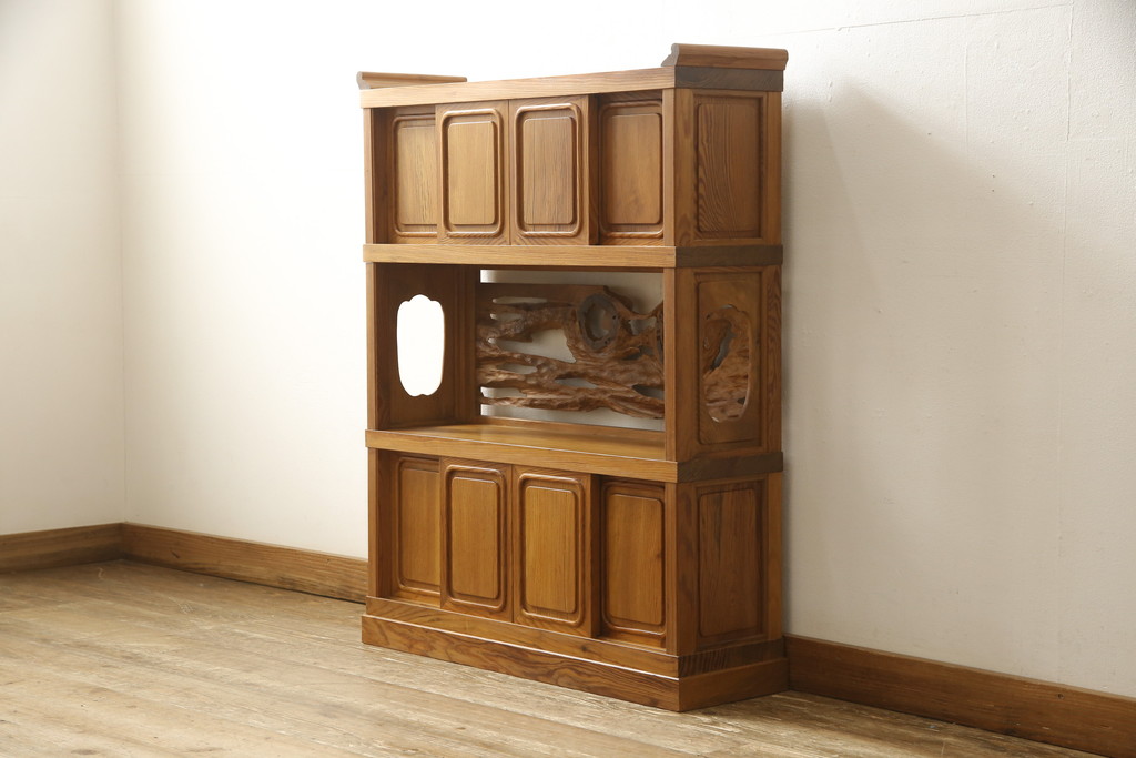 ビンテージ家具　未使用展示品　三方肥松(老松、アブラマツ)　珍しい材でつくられた、木目の美しさが目を引く茶棚(収納棚、茶箪笥、飾り棚、ヴィンテージ)(R-053567)