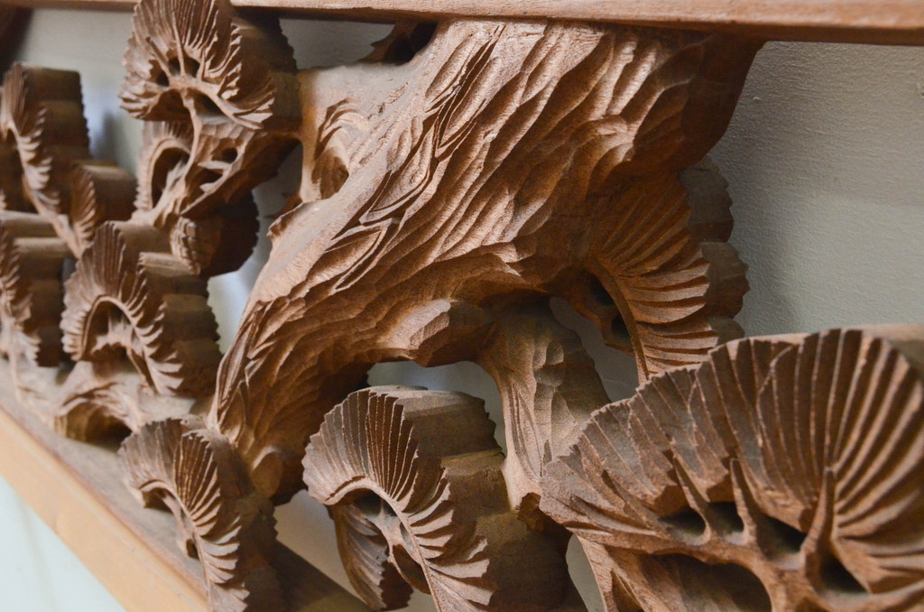 ビンテージ建具　井波彫刻　清雪作　躍動感あふれる松・鶴・亀が美しい両面彫刻欄間2枚セット(明り取り、明かり取り、在銘、ヴィンテージ)(R-069458)