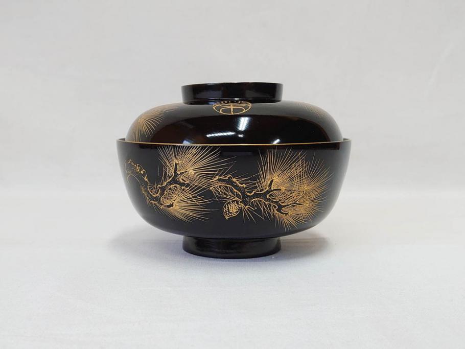 輪島塗り　木製漆器　蒔絵　松の実　約13cm　4.1寸　繊細な沈金の意匠が美しい吸物椀12客(お椀、和食器、黒漆、四寸一分)(R-070630)