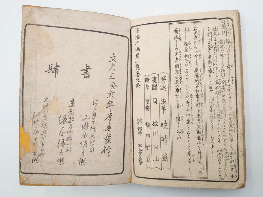 江戸期　文久3年　暁晴翁著　松川半山画　「宇治川両岸一覧 上」(木版画、和本、名所、地誌、古書)(R-084364)