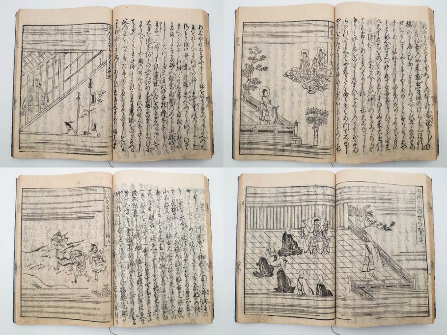 江戸期　寛文6年　「釈迦八相物語」5冊揃(木版画、仮名草紙、仏教、和本、古書)(R-084365)