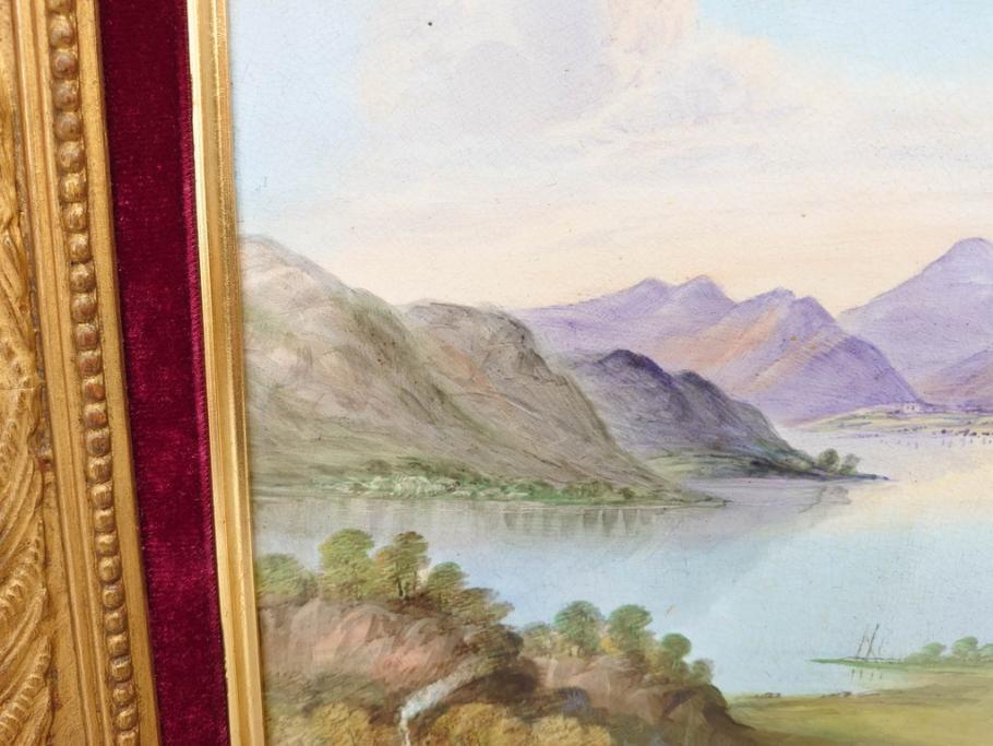 英国　古窯　十九世紀　色絵　山湖風景文　美しい風景を堪能できる陶額(絵画、額装、陶画、箱付き、イギリス)(R-070763)