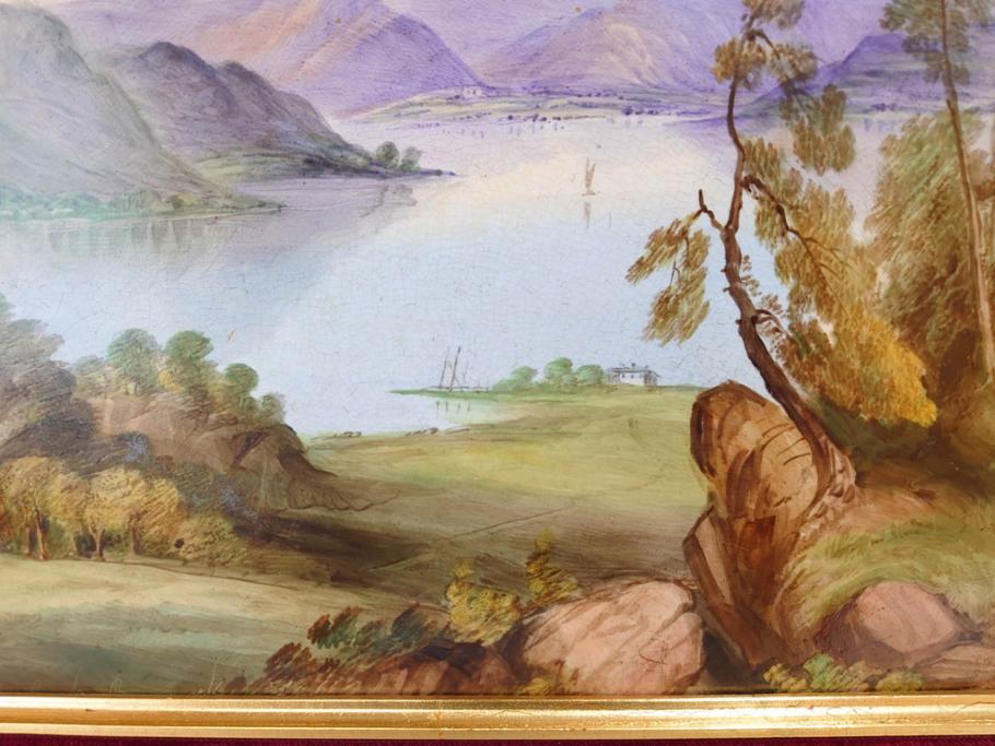 英国　古窯　十九世紀　色絵　山湖風景文　美しい風景を堪能できる陶額(絵画、額装、陶画、箱付き、イギリス)(R-070763)