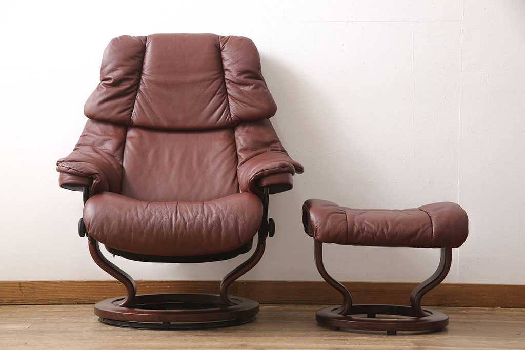 中古　EKORNES(エコーネス)　本革(レザー)　オットマン付き　ストレスレス レノ クラシック(M)(定価約37万9千円)(アームチェア、リクライニングチェア、椅子)(R-053467)