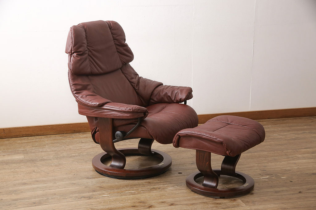 中古　EKORNES(エコーネス)　本革(レザー)　オットマン付き　ストレスレス レノ クラシック(M)(定価約37万9千円)(アームチェア、リクライニングチェア、椅子)(R-053467)