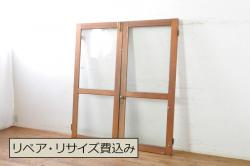 アンティーク建具　風情のある佇まいが魅力的な裏障子付き幅狭格子戸2枚セット(引き戸、ガラス帯戸、障子戸)(R-068697)