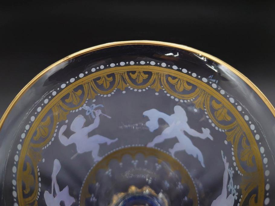 イタリア　ムラノガラス　ベネチアンガラス　金彩と鮮やかな色彩で絵付けされた豪華なワイングラス(ヴェネチアングラス、MURANO、ムラーノガラス、作家物)(R-077677)