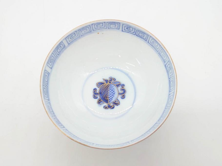 明治期 伊万里焼 色絵 桃印 鳳凰菊雷文 約12cm 4.1寸 色鮮やかな