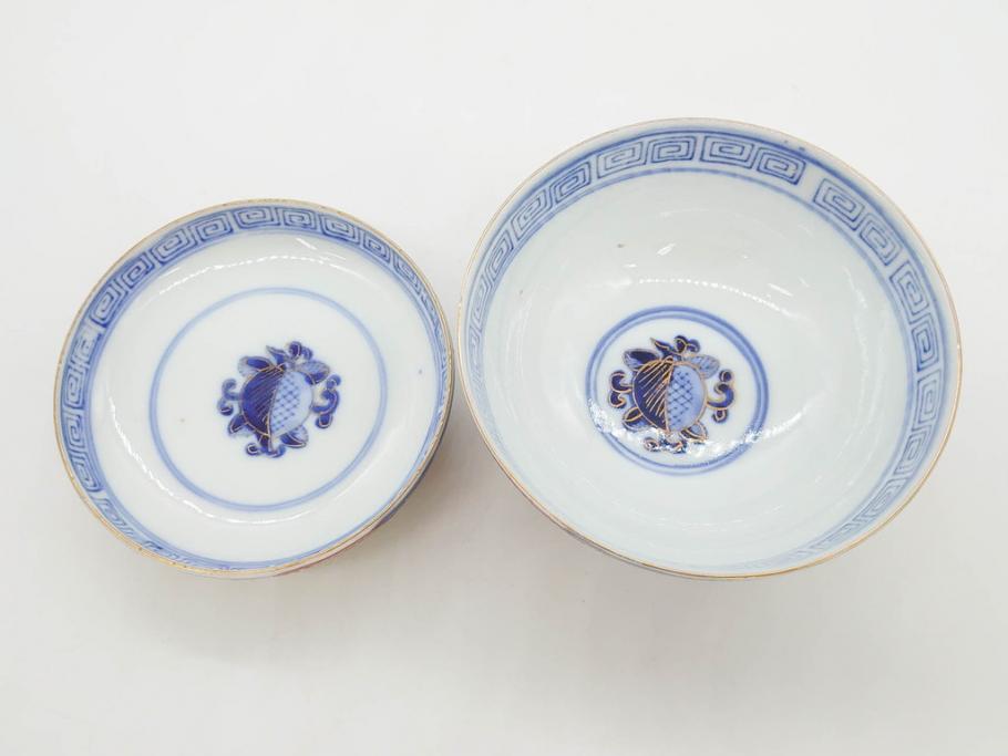 明治期 伊万里焼 色絵 桃印 鳳凰菊雷文 約12cm 4.1寸 色鮮やかな