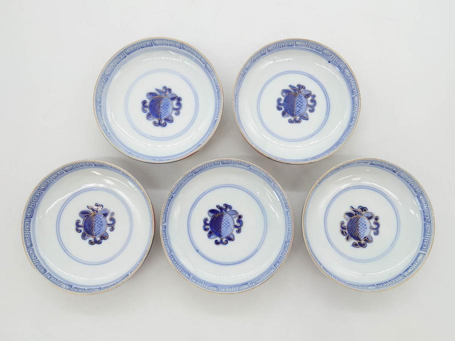 明治期　伊万里焼　色絵　桃印　鳳凰菊雷文　約12cm　4.1寸　色鮮やかな染付と金彩で装飾された豪華な蓋付き茶碗5客セット(金彩、器、どんぶり、和皿、和食器、四寸一分)(R-077414)