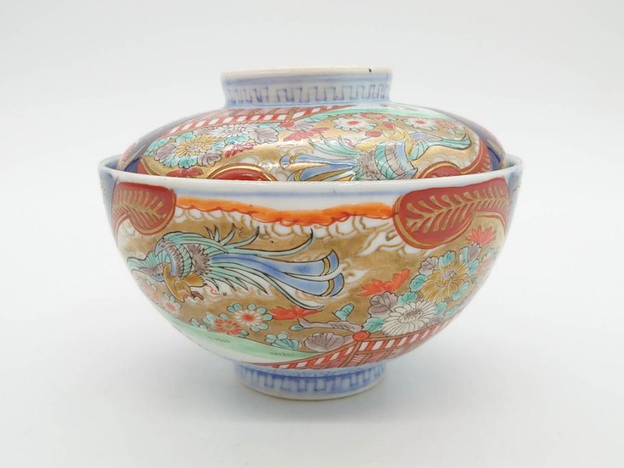 明治期　伊万里焼　色絵　桃印　鳳凰菊雷文　約12cm　4.1寸　色鮮やかな染付と金彩で装飾された豪華な蓋付き茶碗5客セット(金彩、器、どんぶり、和皿、和食器、四寸一分)(R-077414)