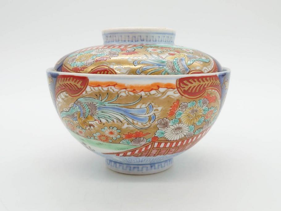 明治期　伊万里焼　色絵　桃印　鳳凰菊雷文　約12cm　4.1寸　色鮮やかな染付と金彩で装飾された豪華な蓋付き茶碗5客セット(金彩、器、どんぶり、和皿、和食器、四寸一分)(R-077414)
