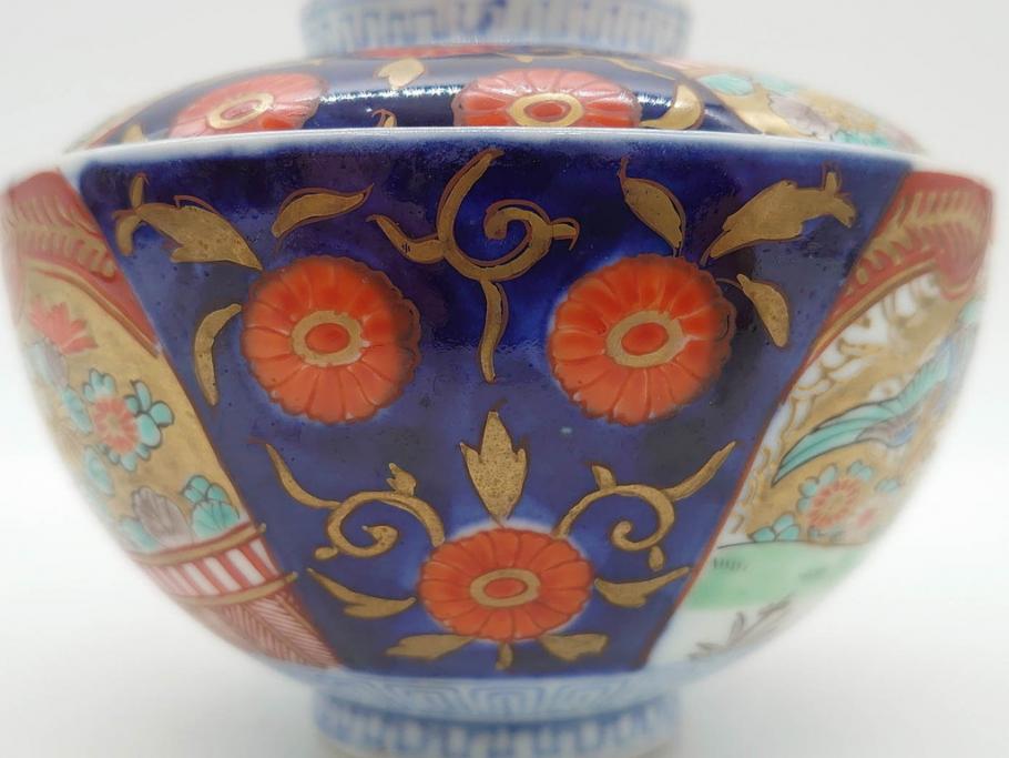 明治期　伊万里焼　色絵　桃印　鳳凰菊雷文　約12cm　4.1寸　色鮮やかな染付と金彩で装飾された豪華な蓋付き茶碗5客セット(金彩、器、どんぶり、和皿、和食器、四寸一分)(R-077414)