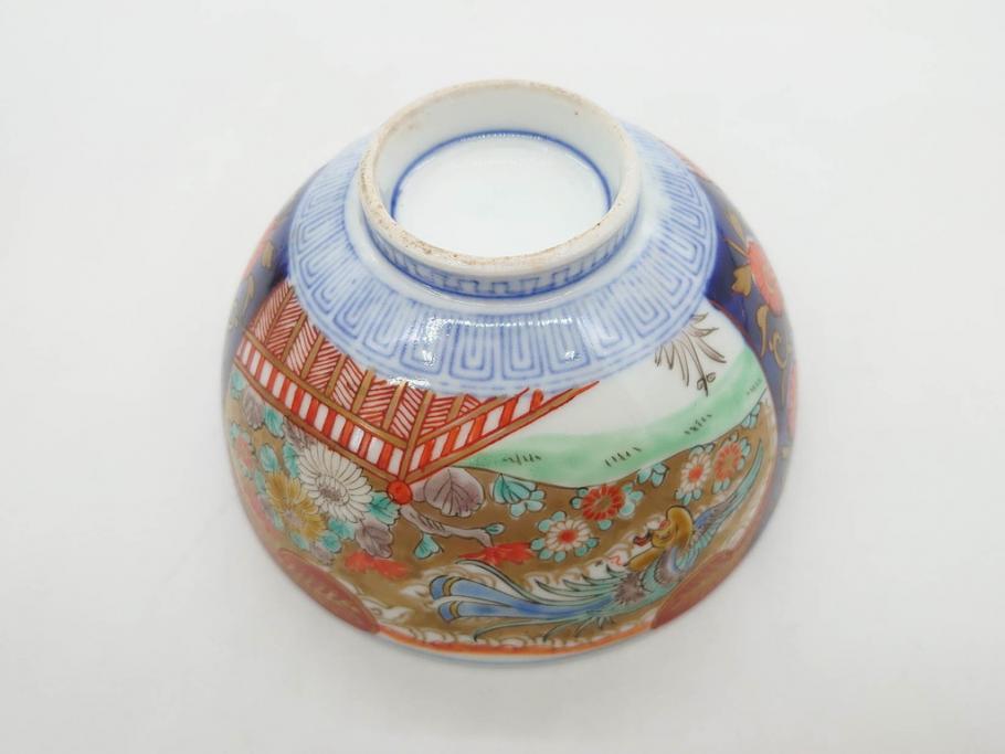 明治期　伊万里焼　色絵　桃印　鳳凰菊雷文　約12cm　4.1寸　色鮮やかな染付と金彩で装飾された豪華な蓋付き茶碗5客セット(金彩、器、どんぶり、和皿、和食器、四寸一分)(R-077414)