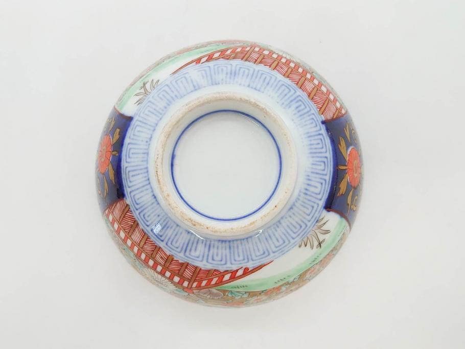 明治期　伊万里焼　色絵　桃印　鳳凰菊雷文　約12cm　4.1寸　色鮮やかな染付と金彩で装飾された豪華な蓋付き茶碗5客セット(金彩、器、どんぶり、和皿、和食器、四寸一分)(R-077414)