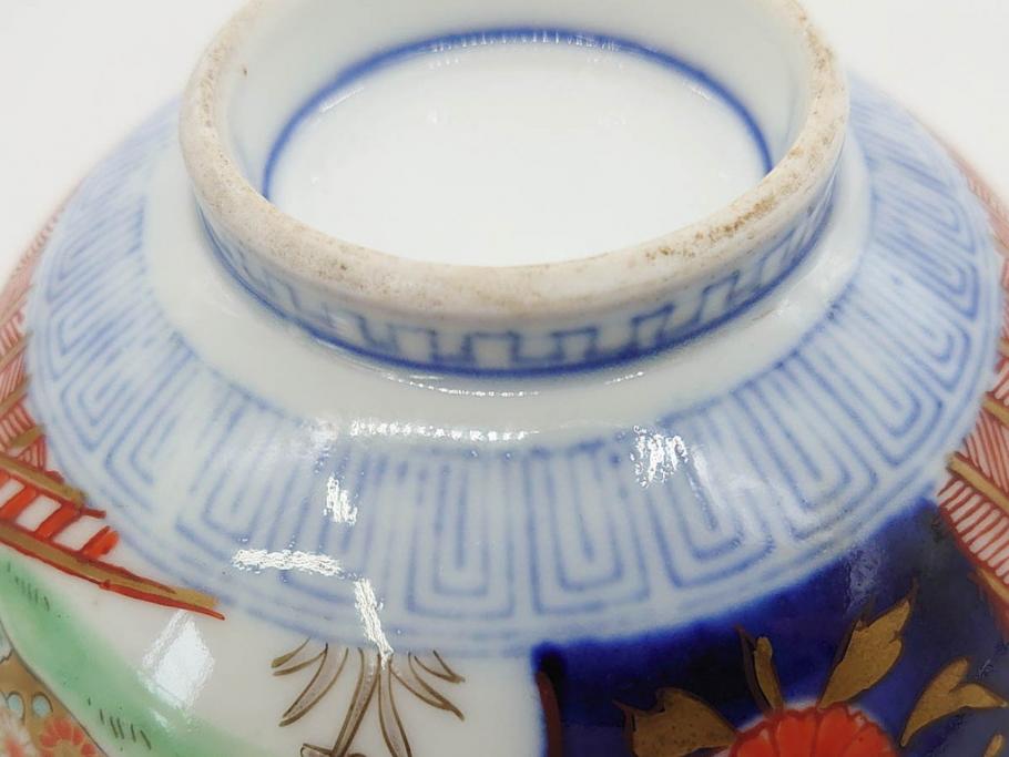 明治期　伊万里焼　色絵　桃印　鳳凰菊雷文　約12cm　4.1寸　色鮮やかな染付と金彩で装飾された豪華な蓋付き茶碗5客セット(金彩、器、どんぶり、和皿、和食器、四寸一分)(R-077414)