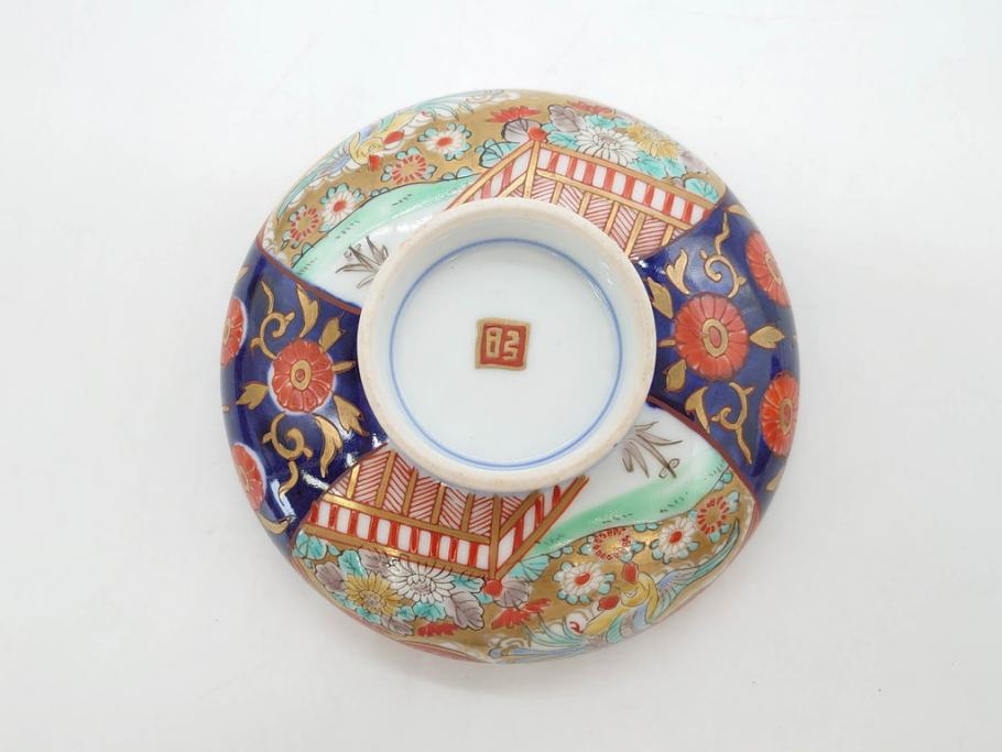 明治期　伊万里焼　色絵　桃印　鳳凰菊雷文　約12cm　4.1寸　色鮮やかな染付と金彩で装飾された豪華な蓋付き茶碗5客セット(金彩、器、どんぶり、和皿、和食器、四寸一分)(R-077414)