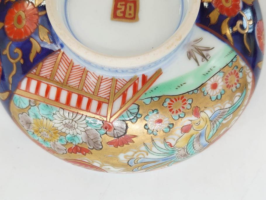 明治期　伊万里焼　色絵　桃印　鳳凰菊雷文　約12cm　4.1寸　色鮮やかな染付と金彩で装飾された豪華な蓋付き茶碗5客セット(金彩、器、どんぶり、和皿、和食器、四寸一分)(R-077414)