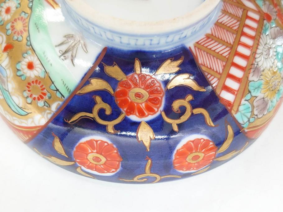 明治期　伊万里焼　色絵　桃印　鳳凰菊雷文　約12cm　4.1寸　色鮮やかな染付と金彩で装飾された豪華な蓋付き茶碗5客セット(金彩、器、どんぶり、和皿、和食器、四寸一分)(R-077414)