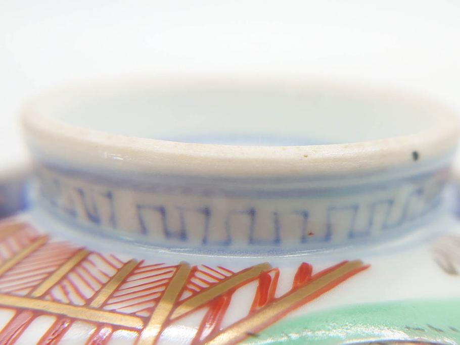 明治期　伊万里焼　色絵　桃印　鳳凰菊雷文　約12cm　4.1寸　色鮮やかな染付と金彩で装飾された豪華な蓋付き茶碗5客セット(金彩、器、どんぶり、和皿、和食器、四寸一分)(R-077414)