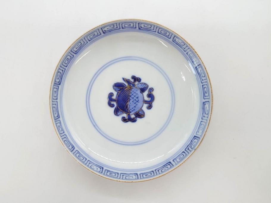 明治期　伊万里焼　色絵　桃印　鳳凰菊雷文　約12cm　4.1寸　色鮮やかな染付と金彩で装飾された豪華な蓋付き茶碗5客セット(金彩、器、どんぶり、和皿、和食器、四寸一分)(R-077414)