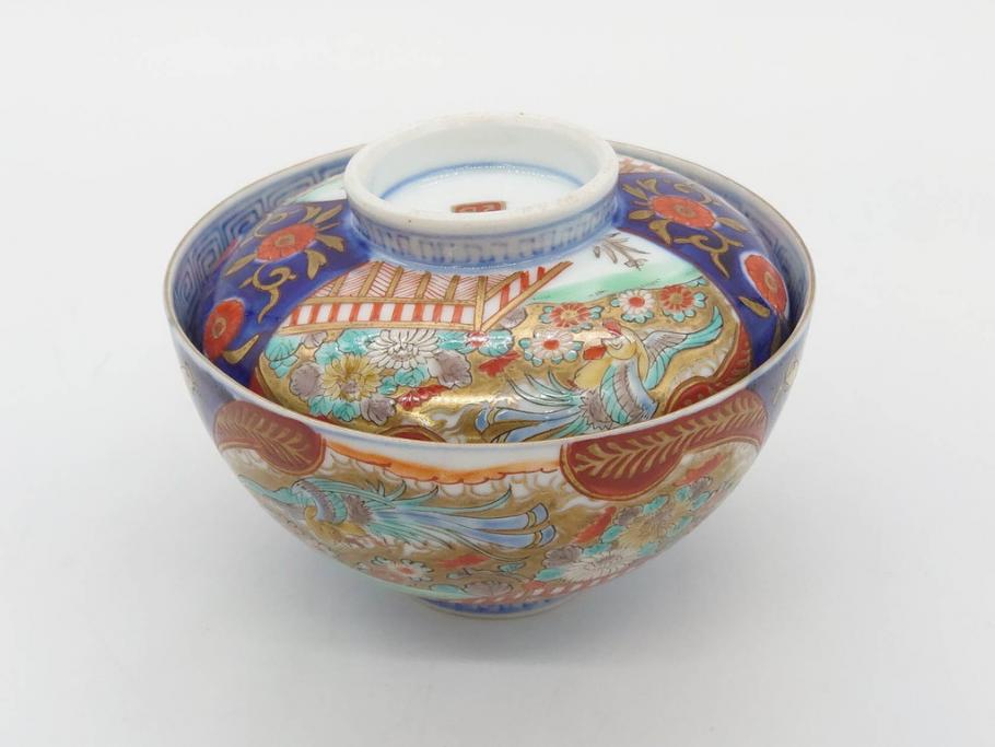 明治期　伊万里焼　色絵　桃印　鳳凰菊雷文　約12cm　4.1寸　色鮮やかな染付と金彩で装飾された豪華な蓋付き茶碗5客セット(金彩、器、どんぶり、和皿、和食器、四寸一分)(R-077414)