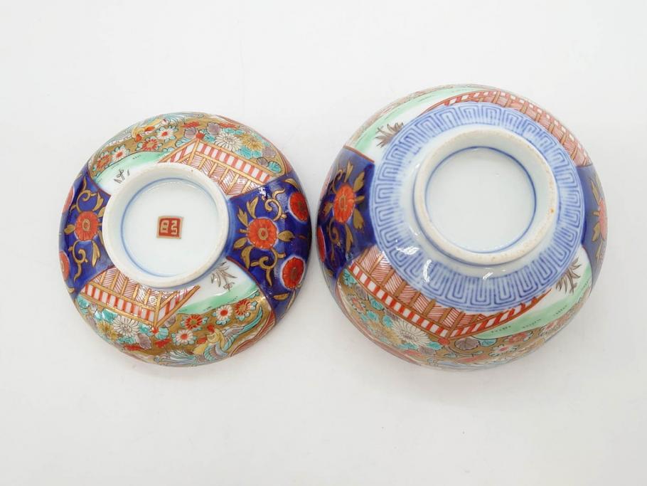 明治期　伊万里焼　色絵　桃印　鳳凰菊雷文　約12cm　4.1寸　色鮮やかな染付と金彩で装飾された豪華な蓋付き茶碗5客セット(金彩、器、どんぶり、和皿、和食器、四寸一分)(R-077414)