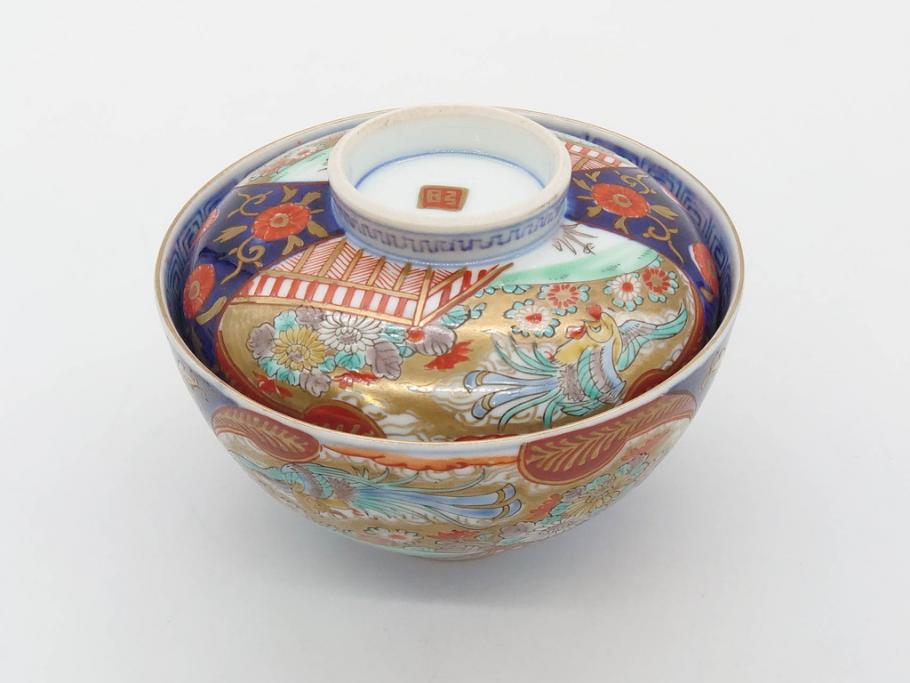 明治期　伊万里焼　色絵　桃印　鳳凰菊雷文　約12cm　4.1寸　色鮮やかな染付と金彩で装飾された豪華な蓋付き茶碗5客セット(金彩、器、どんぶり、和皿、和食器、四寸一分)(R-077414)