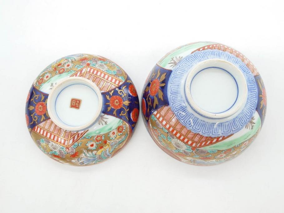 明治期　伊万里焼　色絵　桃印　鳳凰菊雷文　約12cm　4.1寸　色鮮やかな染付と金彩で装飾された豪華な蓋付き茶碗5客セット(金彩、器、どんぶり、和皿、和食器、四寸一分)(R-077414)